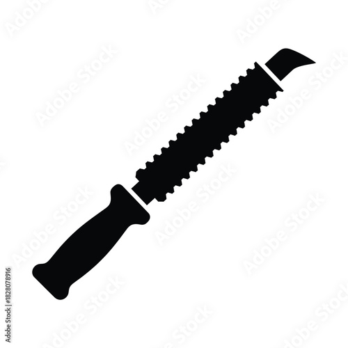 Black silhouette of a serrated tool with curved blade