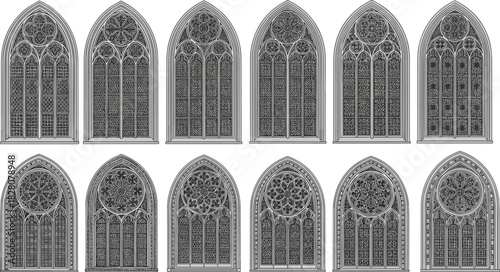 Detailed Gothic Architectural Window Tracery Collection, Medieval Cathedral Church Facade Elements, Pointed Arch Bar Tracery Vector Set, Vintage Victorian Ornament.