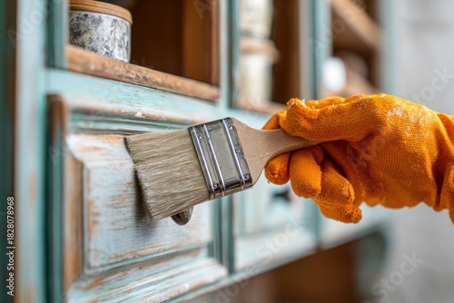 Person in orange gloves carefully paints old kitchen cabinet with a brush to restore its original beauty
