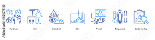 Essential Diagnostic Procedures web banner icon vector illustration featuring Pap Smear, BMI, Cholesterol, X-Ray, Arterial, Temperature, and Dental Checkup as core preventive health measures.