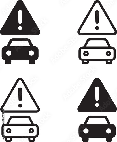 Road safety alert icon, driving hazard warning, road safety monitor, traffic accident alert, safety alert system, driving alert tracker, isolated black vector, minimal thin stroke