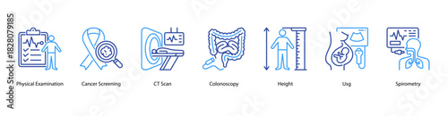 Comprehensive Health Screening web banner icon vector illustration featuring Physical Examination, Cancer Screening, CT Scan, Colonoscopy, Height, Usg, and Spirometry for complete medical evaluation.