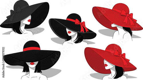 Fashion illustration set of elegant women wearing large wide brimmed summer hats with bows, red and black vector collection.