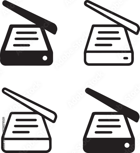 Document scanner icon, digital paper scan, document capture tracker, scanning tool application, office scan device, digital scanning monitor, isolated black vector, minimal thin stroke