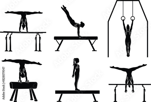 Gymnastics silhouette set, athlete vector collection, sport equipment icons, parallel bars, balance beam, rings, pommel horse, competition exercises, fitness figures