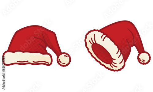 Red Santa Hats Cartoon Vector Illustration Features Soft White Trim and a Fluffy Pom-Pom, Shown From Different Angles