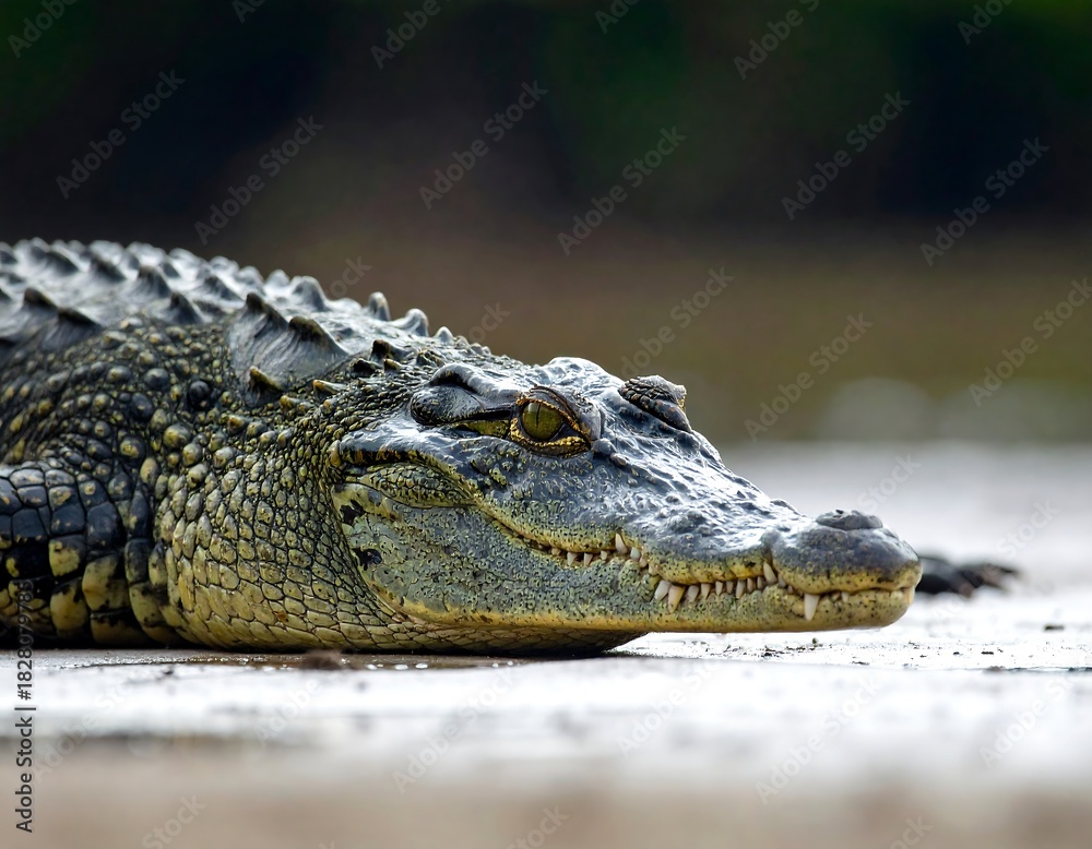 Fototapeta premium Close-up of an alligator resting on a sandy surface with a blurred background of green trees and vegetation
