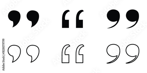 Different shapes inverted flat commas icon set on white page. Quote mark sets on white background. Black dark isolated quote icons set on white background. Inverted commas icon set. EPS 10. 
