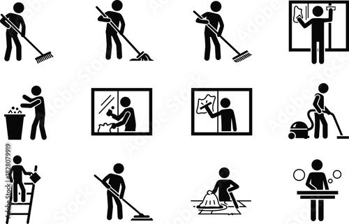 Set of cleaning service icons featuring silhouette figures sweeping, mopping, vacuuming, and washing windows, black vector pictogram collection.