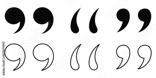 Different shapes inverted flat commas icon set on white page. Quote mark sets on white background. Black dark isolated quote icons set on white background. Inverted commas icon set. EPS 10. 