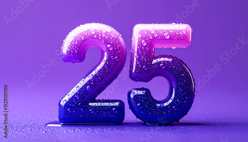 Abstract futuristic number 25 in glossy 3D style, covered with water droplets, purple background.