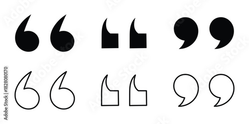 Inverted commas icon set. Different shapes inverted flat commas icon set on white page. Quote mark sets on white background. Black dark isolated quote icons set on white background. EPS 10. 