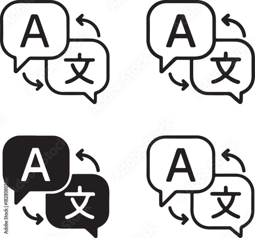 AI translation icon, automatic language converter, AI translator tool, real-time translation app, multilingual conversion tracker, digital language tool, isolated black vector, minimal thin stroke