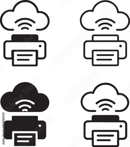 Cloud printer icon, wireless printing device, cloud print tracker, remote printing solution, digital printer monitor, printing workflow tool, isolated black vector, minimal thin stroke