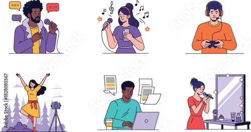 Set of diverse character illustrations depicting hobbies and professions like singing, gaming, vlogging, writing, and makeup, flat vector style.