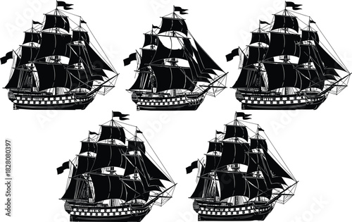Set of detailed black silhouettes featuring vintage tall sailing ships with flags, nautical galleon vector illustration isolated on white.