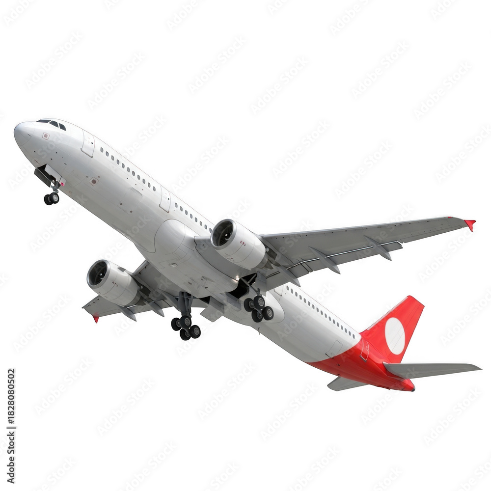 Fototapeta premium White passenger airplane ascending against a black background
