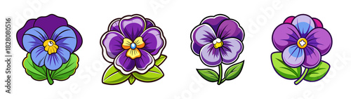 Vibrant collection of cartoon pansy flowers in various shades of purple and blue with green leaves