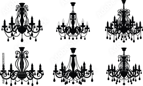 Set of elegant vintage chandelier silhouettes, antique ceiling light fixtures with crystal beads and candles, luxury interior decoration vector.