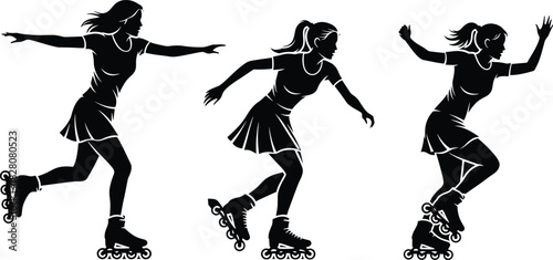 Set of Dynamic Female Inline Skater Silhouettes in Action Poses, Rollerblading Woman Black Vector Illustrations, Sport, Fitness, and Summer Outdoor Activity Graphics Collection