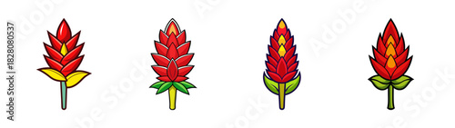 Four stylized red tropical ginger flowers or inflorescences, vibrant and colorful