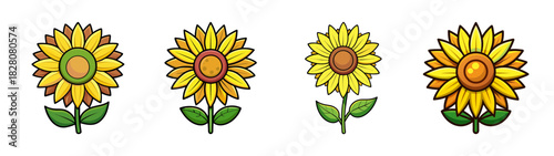Cute cartoon sunflowers with yellow petals, green stems, and brown centers, perfect for summer, nature, and decorative designs