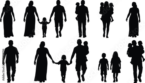 Set of family silhouettes walking, parents holding hands with children, mother carrying baby, black vector illustration isolated.