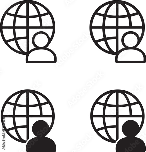 Global communication icon, worldwide network contact, global messaging tracker, online communication app, digital network monitor, worldwide communication, isolated black vector, minimal thin stroke