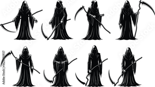 Set of grim reaper silhouettes, hooded death character with scythe, spooky halloween vector icons, black horror illustration collection for graphic design.