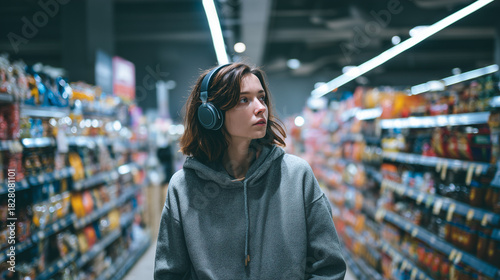 Autistic Adult with Noise-Canceling Headphones in Supermarket