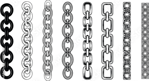 Set of hand drawn chain illustrations, vintage engraving style metal links, vertical borders, black and white vector collection.