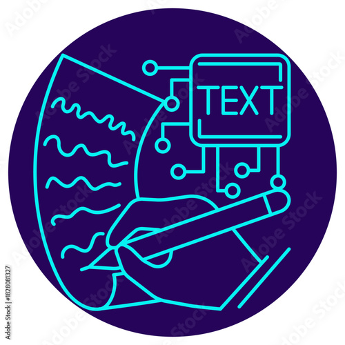 AI Handwritten Text Recognition (OCR) icon. Vector thin line illustration on a round dark blue background. Symbolizes the process where AI analyzes handwritten input and converts it to digital text