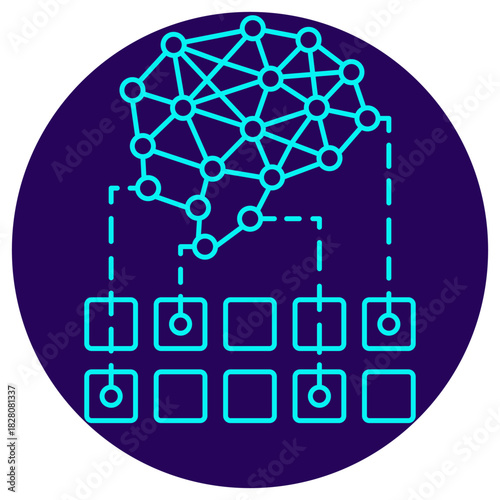 AI Pattern Recognition icon. Vector thin line illustration on a round dark blue background. Process where an AI neural network analyzes a set of discrete data elements to detect and extract features