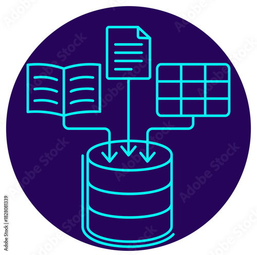 AI Data Ingestion icon. Vector thin line illustration on a round dark blue background. Symbolizes a centralized collection and loading of diverse data from multiple sources into a Big Data repository