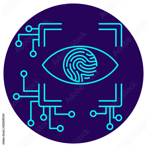 AI Biometric Recognition icon. Vector thin line illustration on a round dark blue background. Symbolizes intelligent  analysis of unique human characteristics for identification or access