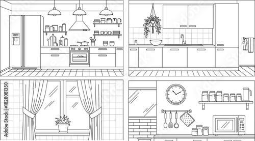 Set of kitchen interior line art illustrations, modern furniture and appliances, refrigerator stove and window details, vector sketch collection.