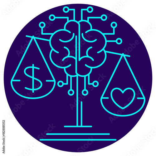 AI Ethics and Value Alignment icon. Vector thin line illustration on a round dark blue background. Symbolizes the use of an AI brain to balance and evaluate economic benefits against ethical values