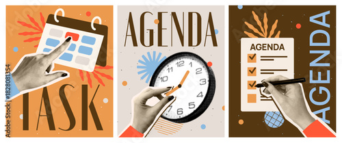 Trendy halftone collage. Set of posters with realistic hands pointing to calendar, making to do list, and moving clock. Planning schedules and agendas. Flat vector illustration isolated on background