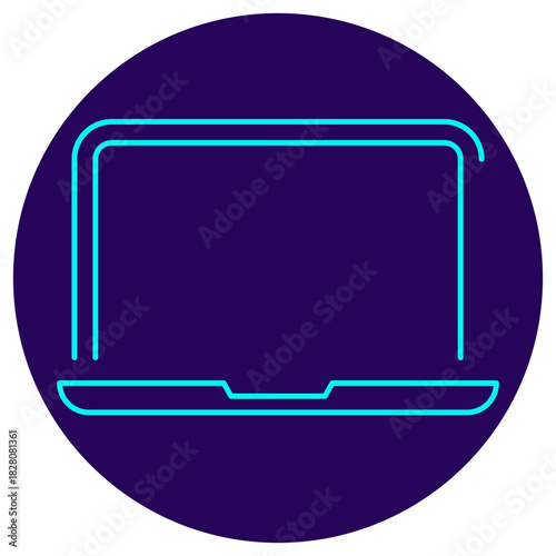 Laptop / Mobile Computing icon. Vector thin line illustration on a round dark blue background. Minimalist graphic of an open laptop, symbolizing portability, remote work, digital device