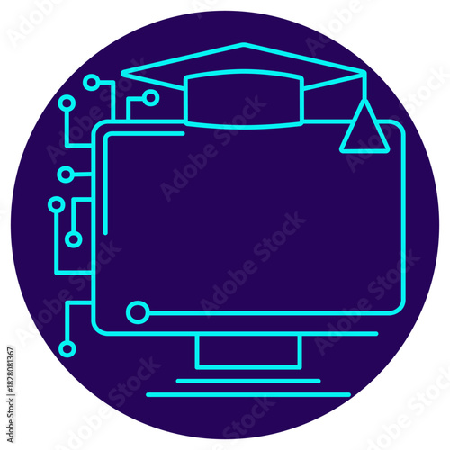 AI E-learning Platform icon. Vector thin line illustration on a round dark blue background. Intelligent online education system, combining digital learning with academic achievement and AI technology