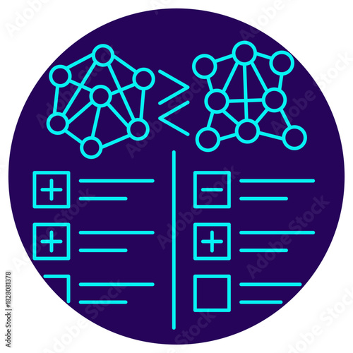 AI Model Evaluation and Comparison icon. Vector thin line illustration on a round dark blue background. Analytical assessment and comparison of two competing AI models based on multiple criteria