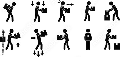 Set of manual handling safety icons, correct and incorrect lifting box techniques, workplace injury prevention, heavy load vector illustration.
