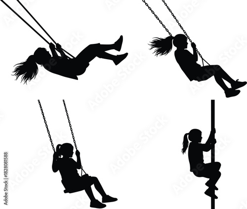 Set of little girl silhouettes playing on a swing and climbing a pole, active childhood playground fun vector illustration.