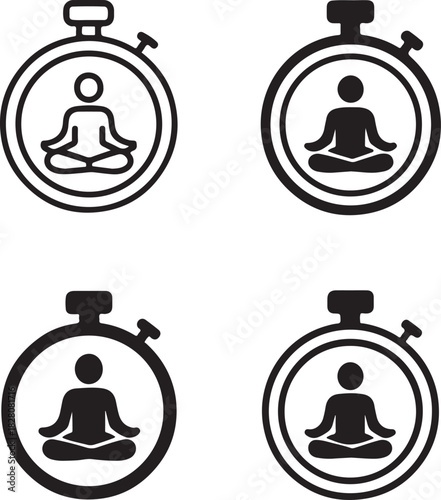 Meditation timer icon, mindfulness session tracker, relaxation timer, wellness focus tracker, meditation guide, mental health session, isolated black vector, minimal thin stroke