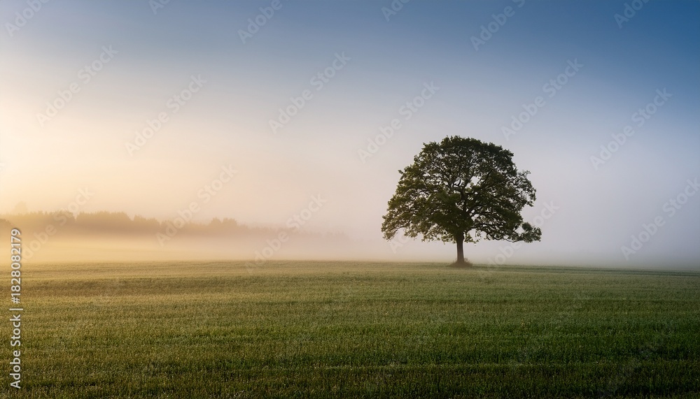 Fototapeta premium A Lone Tree Stands Resolute Against The Foggy Backdrop Of A Misty Field