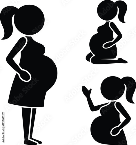 Pregnant woman silhouette icons set for maternity and motherhood