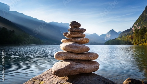 Stack Of Rocks Sitting On Top Of Each Other In Front Of A Lake