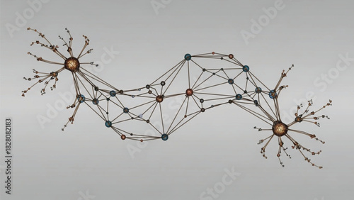 An intricate, abstract visualization of a decentralized network or data connection. This polygonal mesh features interconnected nodes (blue and orange spheres) forming a complex structure.