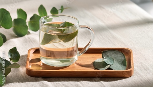 Modern Refreshing Beverage In Transparent Mug With Eucalyptus On Wooden Tray For Relaxation Decor