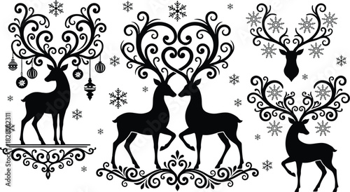 Elegant Reindeer Silhouette Set – Decorative Swirl Antlers with Snowflakes and Christmas Ornaments